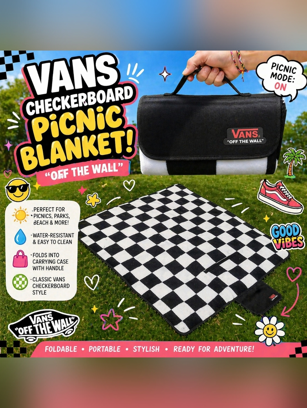 Vans Checkerboard Picnic Blanket Foldable Outdoor Mat Black White "Off The Wall"